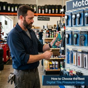 A man choosing the best MotoNerv digital tire pressure gauge in an auto parts store.